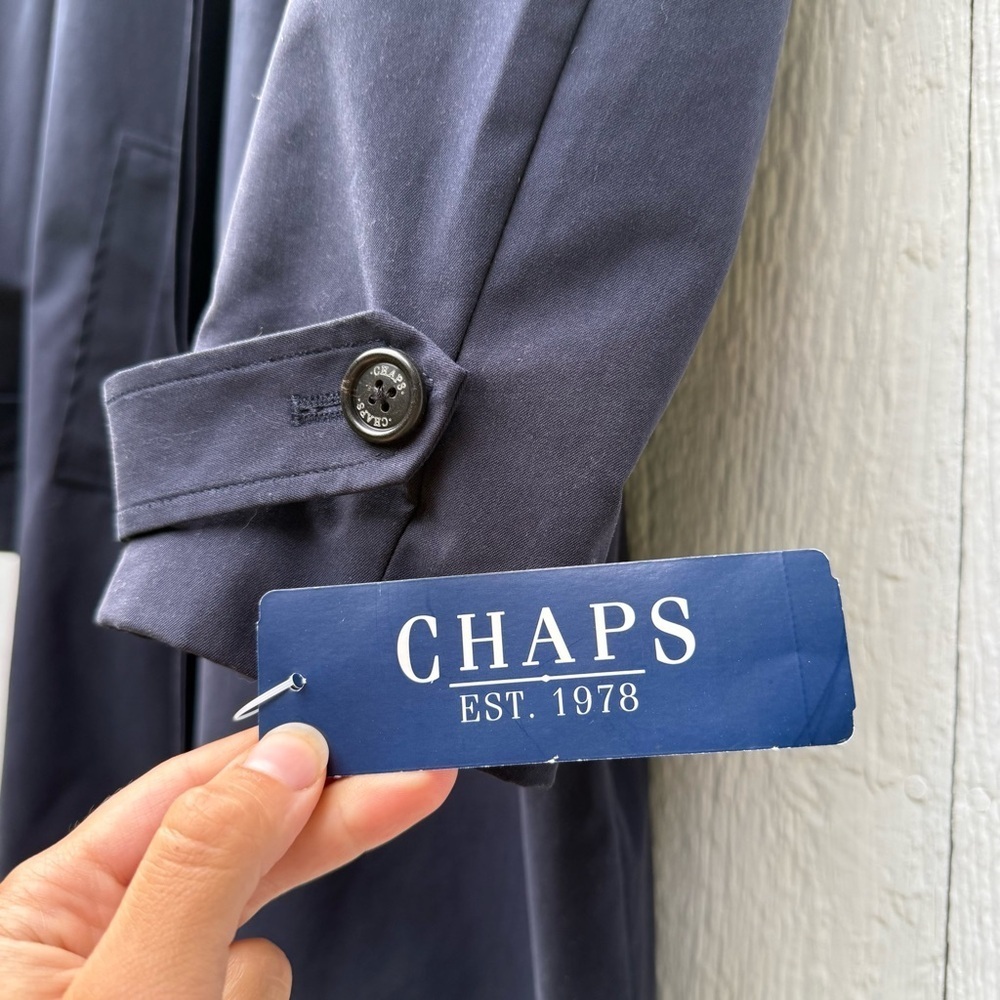 NWT Chaps Unisex Hidden Button Front Navy Trench Coat Jacket M Lined Pockets - Picture 7 of 9